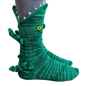 Christmas Vibes Floor Socks Cartoon Crocodile Mid-calf Socks Knit Warm Winter Socks Household Non-slip Cozy Socks for Pajama Party Christmas Gift for Women Teens(Green One Pair)