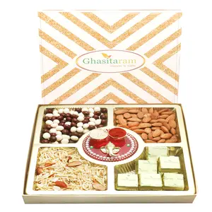 Ghasitaram Gifts Bhaidhooj Gifts- Ghasitaram Special Almonds, Namkeen, Nutties and Chocolate Box with Mini Pooja Thali