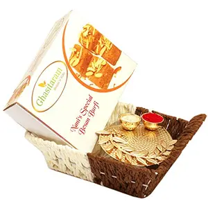 Ghasitaram Gifts Bhaidhooj Gifts- Small Metal Brown Basket Of Besan Barfi and Pooja Thali