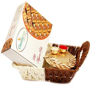 Ghasitaram Gifts Bhaidhooj Gifts- Small Metal Brown Basket Of Mysore Pak and Pooja Thali