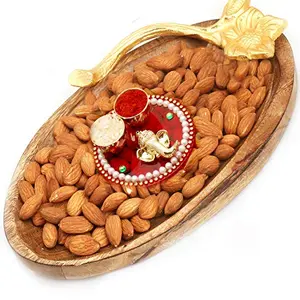 Ghasitaram Gifts Bhaidhooj Gifts- Wooden Almond Platter with Mini Pooja Thali