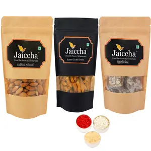 Ghasitaram Gifts Bhaidhooj Gifts-  Best of 3 Suagrfree Bites 200 gms, Butter Chakli Sticks 100 gms Pouch and Almonds 100 gms Pouch 
