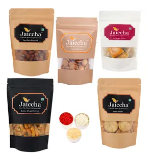 Ghasitaram Gifts Bhaidhooj Gifts- Best of 5 Butter Chakli Sticks Pouch, Coin Biscuits Pouch, Methi Mathi Pouch, Peri Peri Almonds, Mango Bites Pouch 