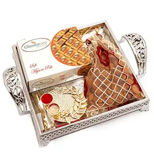 Ghasitaram Gifts Bhaidhooj Gifts- Silver Tray with Mysore Pak, Almonds and Mini Pooja Thali