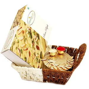 Ghasitaram Gifts Bhaidhooj Gifts- Small Metal Brown Basket Of Soan Papdi and Pooja Thali