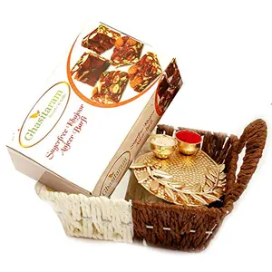 Ghasitaram Gifts Bhaidhooj Gifts- Small Metal Brown Basket Of Sugarfree Bites and Pooja Thali