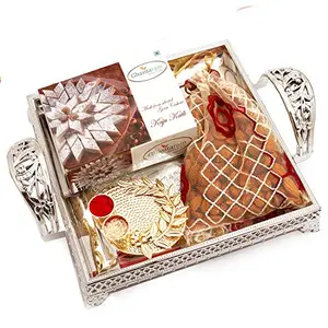 Ghasitaram Gifts Bhaidhooj Gifts- Silver Tray with Kaju Katli, Almonds and Mini Pooja Thali