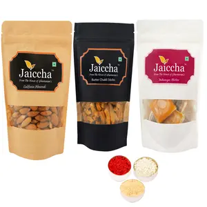 Ghasitaram Gifts Bhaidhooj Gifts-  Best of 3 Mango Bites 200 gms, Butter Chakli Sticks 100 gms Pouch and Almonds 100 gms Pouch 