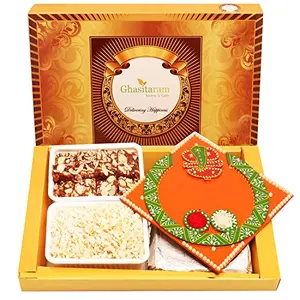 Ghasitaram Gifts Bhaidhooj Gifts- Big Box of Sugarfree Bites, Diet Chiwda and Orange Ganesha Pooja Thali