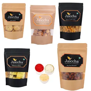 Ghasitaram Gifts Bhaidhooj Gifts- Best of 5 Butter Chakli Sticks Pouch, Coin Biscuits Pouch, Methi Mathi Pouch, Peri Peri Almonds, Mewa Bites Pouch 