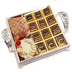 Ghasitaram Gifts Bhaidhooj Gifts- Silver Tray with Assorted Chocolates, Almonds and Mini Pooja Thali