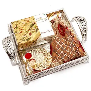 Ghasitaram Gifts Bhaidhooj Gifts- Silver Tray with Soan Papdi, Almonds and Mini Pooja Thali