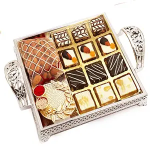Ghasitaram Gifts Bhaidhooj Gifts- Silver Tray with Assorted Choco Dryfruit Bites, Almonds and Mini Pooja Thali