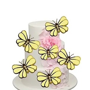 Christmas Vibes 5 Pcs Butterfly Cupcake Toppers Cake Party Cake Decorations Yellow Colour for Birthday Wedding Party Wall Decoration Yellow