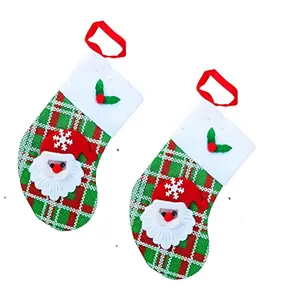 Christmas Vibes Set of 2 Green Checks Santa Claus Socks Stocking Tree Hanging Ornaments Baubles Pendent Christmas Xams Decoration and Christmas Craft