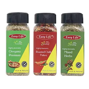 Easy Life Oregano Premium 22g Roasted Chili Flakes 50g with Mixed Herbs 25g (Pack of 3 Spices Herbs & Seasonings)