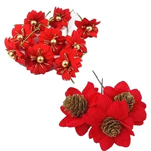 Christmas Vibes Set of 12 Pcs Small Red Poinsettia 2 Different Type Flowers for Christmas Ornaments Xmas Tree Hangings Ornaments for Christmas Decoration Items for Home Decoration