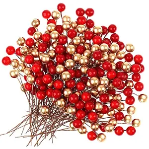 Christmas Vibes 50 Pcs Red Golden Christmas Holi Berries Fruit for Christmas Xmas Tree Decoration Wreath Making DIY Christmas Carft and Christmas Decoration Item