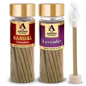 The Aroma Factory Combo of Chandan Sandal & Lavender Dhoop Batti Sticks with dhoop Stand Holder in Box | Long Lasting Fragrance for Home | Meditation | Dhoop for Pooja (2 Jar X 100g)