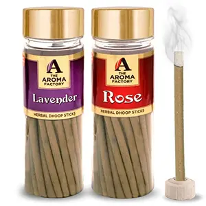 The Aroma Factory Combo of Lavender and Rose Batti Sticks with dhoop Stand Holder in Box | Long Lasting Fragrance for Home | Meditation | Dhoop for Pooja (2 Jar X 100g)