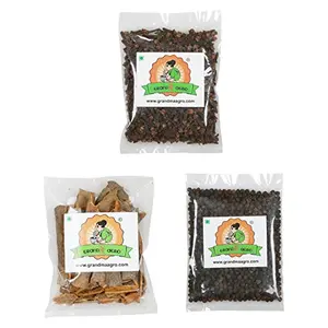Grandma Agro Black Pepper Cloves and Cinnamon Sticks 150 Grams (50g Each) (Combo of 3) (Kali Mirchi + Dalchini (Kalmi) + Laung)
