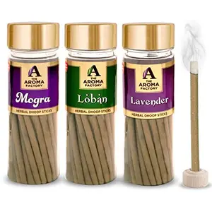 The Aroma Factory Dhoop batti (Mogra Loban Lavender) No Bamboo 100% Natural Dhoop Sticks with Incense Holder 3 Jars x 100g