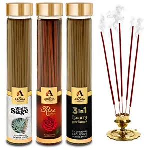 The Aroma Factory White Sage Rose Royal & 3 in 1 Incense Stick Agarbatti (Zero Charcoal & 100% Herbal) Bottle Pack of 3 x 100