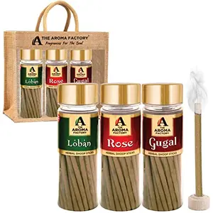 The Aroma Factory Organic Bamboo-Less Incense Sticks (Loban Rose Gugal) No Charcoal | Non Toxic | Aromatic Fragrance Dhoopbattis | Exotic Combo of 3 Jar x 100Gram