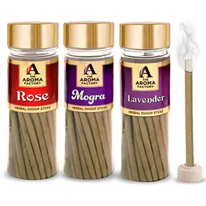 The Aroma Factory Dhoop batti (Rose Mogra Lavender) No Bamboo Herbal Dhoop Sticks with Incense Holder 3 Jars x 100g