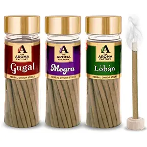 The Aroma Factory Combo of Gugal Mogra Loban Dhoop Batti Sticks with dhoop Stand Holder in Box | Long Lasting Fragrance for Home | Meditation | Dhoop for Pooja (3 Jar X 100g)
