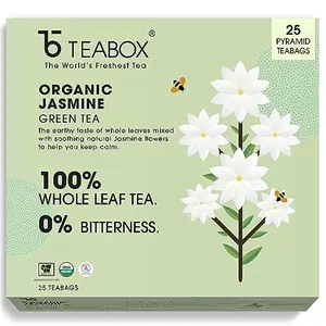 Teabox Organic Jasmine Green Tea 25 Teabags | Sourced From Madurai | For Calm Mind and Relaxation | Made with 100% Whole Leaf Natural Jasmine Flowers & Natural Flavors