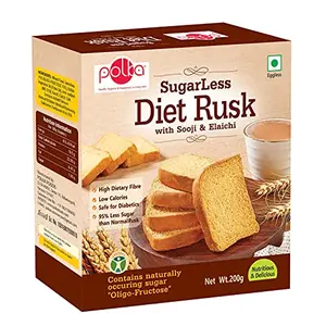 POLKA Sugar Less Diet Rusk With Suji & Elaichi - Pack Of 1 - 200 g I High Fibre Digestive Biscuits Rusk I Sugar Free Snacks Substitute I Diet Snacks I Diabetic snacks I Good For You food items Toast