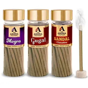 The Aroma Factory Combo of Mogra Gugal Chandan Sandal Dhoop Batti Sticks with dhoop Stand Holder in Box | Long Lasting Fragrance for Home | Meditation | Dhoop for Pooja (3 Jar X 100g)