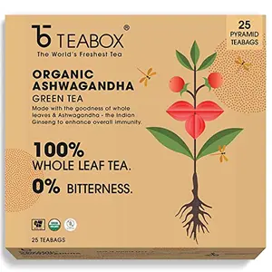 Teabox Organic Ashwagandha Green Tea 25 Teabags | Ayurvedic Blend of Premium Green Tea and Natural Ashwagandha | Boosts Immunity and Improves Memory | Silken Pyramid Teabags