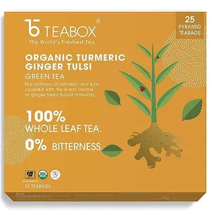 Teabox Organic Turmeric Ginger Tulsi Green Tea Bags 25 Pieces | For Immunity Boosting & Sore Throat Prevention | Made with 100% Whole Leaf Natural Ginger Turmeric & Tulsi