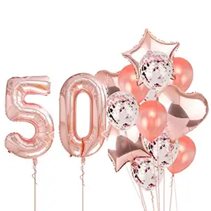 Rose Gold 50 Balloon For 50th Birthday -Large Pack of 16 | Rose Gold Confetti Star and Heart Foil Balloon Bouquet For Party Decoration | Great For 50th Birthday Party Decoration Suplies