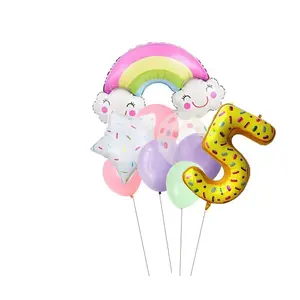 5th Birthday Rainbow Theme Decoration set with Rainbow foil balloonStar Foil Balloon and Polka dot Balloon for Baby Birthday Decoration set of 10 (5th)