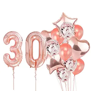 Rose Gold 30 Balloon for 30th Birthday -Large Pack of 16 | Rose Gold Confetti Star and Heart Foil Balloon Bouquet for Party Decoration | Great for 30th Birthday Party Decoration Suplies