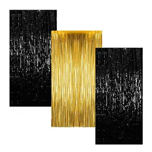 3 Pcs Photo Booth Backdrops Foil Curtains Backdrop Curtains Door Fringe Curtains for Wedding Birthday Christmas Halloween Disco Party Favour Decorations (Gold Black)