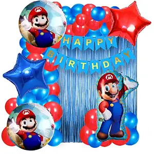 Mario Birthday Party Decoration Kit | Mario Foil Balloon Happy Birthday Banner Curtains and Ballons | 58 pcs Mario Birthday Party Decoration for Kids Multi