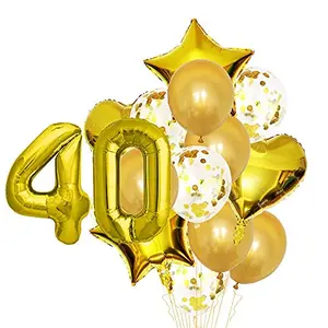 40th Number Balloon with 40 Digit Balloon for Including Gold Latex Star Heart and Confetti Balloons