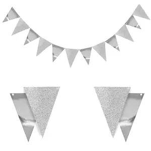 Silver Glitter Triangle Flag Banner String Pennant Flags Hanging Decoration for Wedding Birthday Baby Shower Christmas Halloween Party