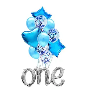 Silver Foil Balloon with Blue Star Heart Confetti and Latex Balloon for Birthday Decoration