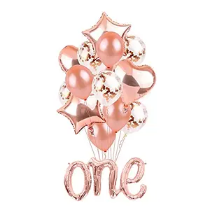 Rose Gold 15PCS/Set One Letter Foil Balloon Set with Star Heart Latex and Confetti Balloon for 1st Birthday and Anniversary Decoration