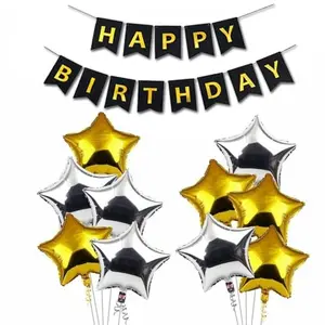 1Pcs Black Happy Birthday Bannerwith 10Pcs Gold Star Foil Balloons 10Pcs Silver Star Foil Balloons For Birthday Party Decoration Set Of 21.