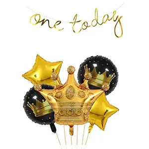 Birthday Party Decoration Kit with One Today BannerCrown Round Foil Star Foil Balloon Pack of 6