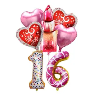 16th Birthday Lipsticks Theme Decoration Set with Lipsticks Foil Balloon Heart Balloon for Birthday Decoration Set of7