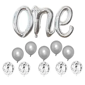 Silver ONE Balloons Banner Foil Mylar Balloon for 1st Birthday PartyBaby ShowerWeddingEngagementAnniversary Party - Extra Pack of 10 Latex Balloons(Silver Confetti)& String