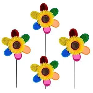 Colorful Double-Layer Sunflower Rainbow Sunflower Pinwheels Windmill for Yard Garden Party Outdoor DecorCamping Picnic Home Garden Decoration (Pack of 4)