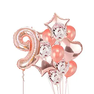 Rose Gold 9 Balloon for 9th Birthday -Large Pack of 15 | Rose Gold Confetti Star and Heart Foil Balloon Bouquet for Party Decoration | Great for 9th Birthday Party Decoration Suplies